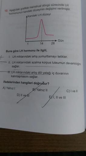 12. Aşağıdaki grafikte menstrual döngü sürecinde LH
hormonunun kandaki düzeyinin değişimi verilmiştir.
AKandaki LH düzeyi
1
14
28
Buna göre LH hormonu ile ilgili,
1. LH miktarındaki artış yumurtlamayı tetikler.
II. LH miktarındaki azalma korpus luteumun de