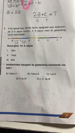 ISINESHO
3d
32+6-1=42-b
a=2b
8. A bir gerçel sayı olmak üzere, aşağıdaki sayı doğrusun-
da 3 A sayısı kırmızı, 5 A sayısı mavi ile gösterilmiş
kısım üzerindedir.
o
32
52.
Buna göre, 10.A sayısı
bilir?
2
A) Yalnız I
2a+c=T
GT
D) II ve III
3
1.
Sarı
II. Yeşil
III. Mor
renklerinden hangileri ile gösterilmiş kısımlarda ola-
4
B) Yalnız II
C) I ve II
5
E) I, II ve III
49