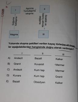 PALME
YAYINEVİ
9.
Soğuma
katılaşma
Magma
D)
E)
A) Andezit
B)
Granit
C)
Andezit
Yukarıda oluşma şekilleri verilen kayaç türlerine ait örnek-
ler aşağıdakilerden hangisinde doğru olarak verilmiştir?
Kuvars
Aşınma
Tortullaşma
sıkışma
Bazalt
değişme
basınç altında
Sıcaklık ve
Bazalt
=
=
||
Kuvarsit
Kum taşı
Kum taşı
Obsidyen
III
Kalker
Mermer
Mermer
Granit
Kalker