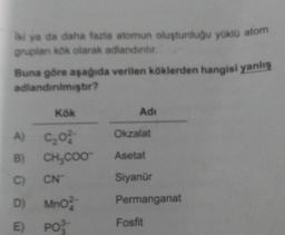 Iki ya da daha fazla atomun oluşturduğu yüklü atom
gruplan kök olarak adlandırılır.
Buna göre aşağıda verilen köklerden hangisi yanlış
adlandırılmıştır?
Kök
A) C₂02
B)
C)
D)
E) PO
CH₂COO™
CN™
MnO2
Adi
Okzalat
Asetat
Siyanür
Permanganat
Fosfit