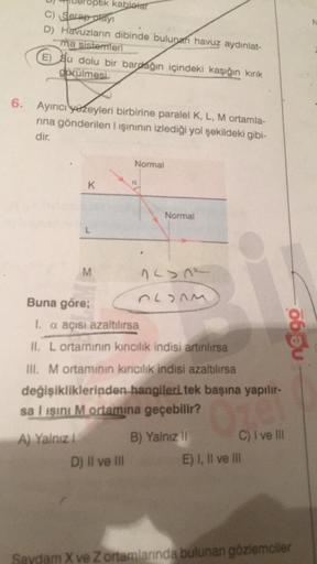 6.
optik kablolar
C) Serap playi
D) Havuzların dibinde bulunan havuz aydınlat-
ma sistemleri
E) Su dolu bir bardağın içindeki kaşığın kırık
görülmesi
Ayırıcı yüzeyleri birbirine paralel K, L, M ortamla-
rına gönderilen I ışınının izlediği yol şekildeki gib