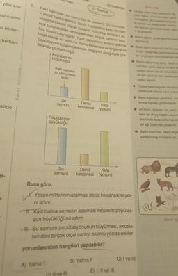 -i yıllar son-
sal üretimi
uz etkilen-
herhan-
ekilde
er-
Paraf Yayınları
4.
Yılan
Katil balinalar, su samurları ile beslenir. Su samurla-
ri deniz kestanelerini, deniz kestaneleri kelp denilen
yosunları besin olarak kullanır. Yosunlar (kelpler) ay-
rica bulundukları ekosistemdeki birçok canlının baş
lica besin kaynağıdır. Katil balinaların avlanmalarına
bağlı olarak su samuru, deniz kestanesi ve kelplere ait
popülasyon büyüklüklerinin değişimi aşağıdaki gra-
fiklerde gösterilmiştir.
A) Yalnız I
Popülasyon
büyüklüğü
Katil balinalar
su samurlarını
avlar
Su
samuru
Popülasyon
büyüklüğü
CT Kurbağa
E) Baykuş
Deniz
Su
samuru kestanesi
D) Il ve Il
Deniz
kestanesi (yosun)
Kelp
Buna göre,
Yosun miktarının azalması deniz kestanesi sayısı-
ni artırır.
II. Katil balina sayısının azalması kelplerin popülas-
yon büyüklüğünü artırır.
-III. Su samuru popülasyonunun büyümesi, ekosis-
temdeki birçok otçul canlıyı olumlu yönde etkiler.
yorumlarından hangileri yapılabilir?
B) Yalnız II
Kelp
(yosun)
E) I, II ve III
Canlilar arasındaki beslenme s
kileri besin zincirlerinden daha
karmaşıktır. Bu nedente doğada
ki canlilar ve aralanındaki beslen
me ilişkileri genellikle besin ağla
n ile gösterilir
Besin ağlanı, iç içe geçmiş besin
zincirleridir.
Besin ağını oluşturan her bir besi
zinciri, fotosentez yapılmasıyla ba
lar ve atıkların çürütülmesiyle bite
◆ Besin ağlarında canlı, besin z
cirinden farklı olarak birden far
canlıyı besin olarak tüketebilir.
ne her canlı birden fazla cant
besini olabilir.
Kısaca besin ağında her bir b
makta çok sayıda canlı buluna
Besin ağındaki canlıların, tüm
lenme ilişkileri gösterilebilir.
◆ Örneğin; omnivor bir canlı,
hem de et yiyorsa bu durum
zincirinde ifade edilemez ar
sin ağı üzerinde gösterilir.
Besin zincirleri, besin ağla
sitleştirilmiş modelleridir.
C) I ve III
W.
Besin Ac