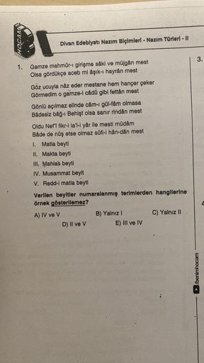 HOCAM
Divan Edebiyatı Nazım Biçimleri - Nazım Türleri - Il
1. Gamze mahmûr-ı girişme sâki ve müjgân mest
Olsa gördükçe aceb mi âşık-ı hayrån mest
Göz ucuyla nâz eder mestane hem hançer çeker
Görmedim o gamze-i câdû gibi fettân mest
Gönlü açılmaz elinde câm