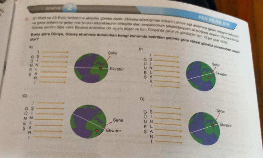 5 21 Mart ve 23 Eylül tarihlerine ekinoks günleri denir. Ekinoks sözcüğünün kökeni Latince eşit anlamına gelen aequus (el)
Güneş ipinan öğle vakti Ekvator enlemine dik açıyla düşer ve tüm Dünya'da gece ve gündüzler tam 12 ger saat sürer.
ve gece anlamına g