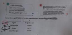 3.
F
1
C)
Ok atılır kalesinden
Hak saklasın belasından
Köroğlu'nun narasından
Her yan gümbür gümbürlenir
Numaralanmış dörtlüklerin temaları aşağıdakilerin hangisinde doğru belirtilmiştir?
1
Yiğitlik
Kahramanlık
Savaş
Vatan Sevgisi
2
||
Doğa Sevgisi
Özlem
Ayrılık
Hüzün
Mavi yaz akşamları, patikalarda, dalgın
Gideceğim, sürüne sürüne buğdaylara
Ayaklarımda ıslaklığı küçük otların
Yıkasın, bırakacağım başımı rüzgâra