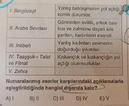 8.
1. Sergüzeşt
II. Araba Sevdası
III. İntibah
IV. Taaşşuk-1 Talat
ve Fitnat
V. Zehra
Yanlış batılaşmanın yol açtığı
komik durumlar.
A) I
Görmeden evlilik, erkek bas-
kısı ve zulmüne dayalı aile
şartları, kadınların esareti.
Yanlış kadınları sevmenin
doğurduğu yıkımlar.
Kıskançlık ve kıskançlığın yol
açtığı olumsuzluklar.
Numaralanmış eserler karşılarındaki açıklamalarla
eşleştirildiğinde hangisi dışarıda kalır?
B) II
C) III D) IV
E) V