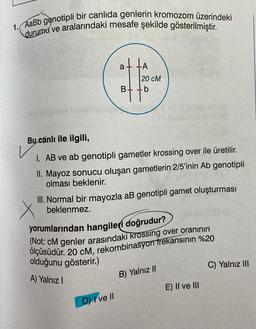 1. AaBb genotipli bir canlıda genlerin kromozom üzerindeki
durumu ve aralarındaki mesafe şekilde gösterilmiştir.
at ta
20 CM
Bb
Bu canlı ile ilgili,
1. AB ve ab genotipli gametler krossing over ile üretilir.
II. Mayoz sonucu oluşan gametlerin 2/5'inin Ab genotipli
olması beklenir.
D) I ve II
X
III. Normal bir mayozla aB genotipli gamet oluşturması
beklenmez.
yorumlarından hangileri doğrudur?
(Not: cM genler arasındaki krossing over oranının
ölçüsüdür. 20 CM, rekombinasyon frekansının %20
olduğunu gösterir.)
A) Yalnız I
B) Yalnız II
E) II ve III
C) Yalnız III