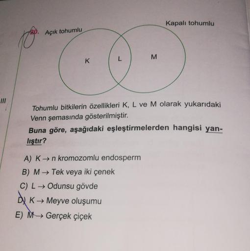 III
Açık tohumlu
K
A) K→n kromozomlu endosperm
B) M→ Tek veya iki çenek
C) L→ Odunsu gövde
K→ Meyve oluşumu
M
Tohumlu bitkilerin özellikleri K, L ve M olarak yukarıdaki
Venn şemasında gösterilmiştir.
Buna göre, aşağıdaki eşleştirmelerden hangisi yan-
lıştı