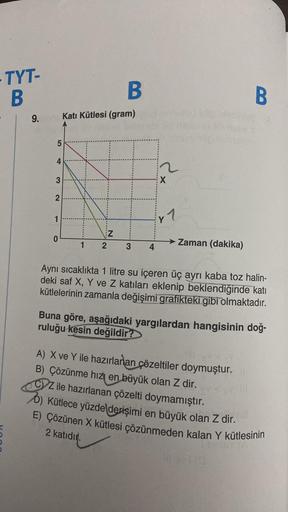 -TYT-
B
9.
5
4
3
2
1
0
B
Katı Kütlesi (gram)
Z
1 2 3 4
¿x
2
X
y 1
Zaman (dakika)
B
Aynı sıcaklıkta 1 litre su içeren üç ayrı kaba toz halin-
deki saf X, Y ve Z katıları eklenip beklendiğinde katı
kütlelerinin zamanla değişimi grafikteki gibi olmaktadır.
Bu