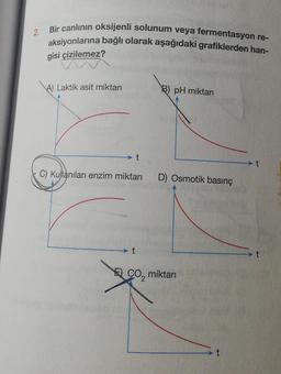 2.
Bir canlının oksijenli solunum veya fermentasyon re-
aksiyonlarına bağlı olarak aşağıdaki grafiklerden han-
gisi çizilemez?
A) Laktik asit miktarı
t
B) pH miktarı
C) Kullanılan enzim miktarı D) Osmotik basınç
CO₂ miktarı
t
