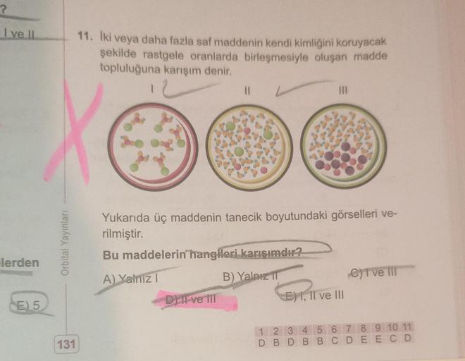 ?
I ve II
lerden
E) 5
Orbital Yayınları
131
11. İki veya daha fazla saf maddenin kendi kimliğini koruyacak
şekilde rastgele oranlarda birleşmesiyle oluşan madde
topluluğuna karışım denir.
1
||
Yukarıda üç maddenin tanecik boyutundaki görselleri ve-
rilmişt