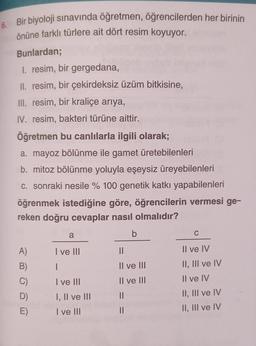 6. Bir biyoloji sınavında öğretmen, öğrencilerden her birinin
önüne farklı türlere ait dört resim koyuyor.
Bunlardan;
I. resim, bir gergedana,
II. resim, bir çekirdeksiz üzüm bitkisine,
III. resim, bir kraliçe arıya,
IV. resim, bakteri türüne aittir.
Öğretmen bu canlılarla ilgili olarak;
a. mayoz bölünme ile gamet üretebilenleri
b. mitoz bölünme yoluyla eşeysiz üreyebilenleri
c. sonraki nesile % 100 genetik katkı yapabilenleri
öğrenmek istediğine göre, öğrencilerin vermesi ge-
reken doğru cevaplar nasıl olmalıdır?
A)
B)
C)
D)
E)
a
I ve III
I
I ve III
I, II ve III
I ve III
b
||
Il ve III
II ve III
C
Il ve IV
II, III ve IV
Il ve IV
II, III ve IV
II, III ve IV