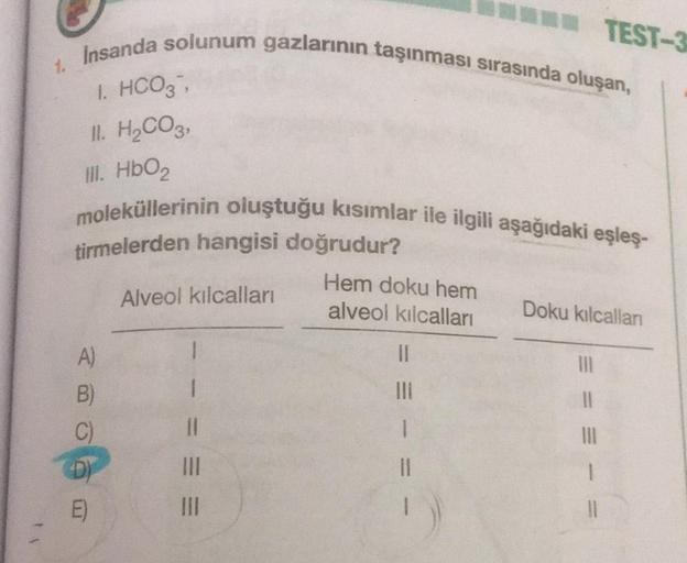 14
1.
İnsanda solunum gazlarının taşınması sırasında oluşan,
1. HCO3,
II. H₂CO3,
Ill. HbO₂
moleküllerinin oluştuğu kısımlar ile ilgili aşağıdaki eşleş-
tirmelerden hangisi doğrudur?
Alveol kılcalları
A)
B)
E)
1
11
|||
TEST-3
Hem doku hem
alveol kılcalları
