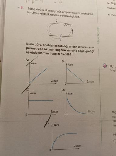 - 6. Sığaç, doğru akım kaynağı, ampermetre ve anahtar ile
kurulmuş elektrik devresi şekildeki gibidir.
Buna göre, anahtar kapatıldığı andan itibaren am-
permetrede okunan değerin zamana bağlı grafiği
aşağıdakilerden hangisi olabilir?
B)
A)
0
Akım
Akım
C
HH