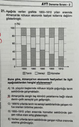 21. Aşağıda verilen grafikte 1850-1910 yılları arasında
Almanya'da nüfusun ekonomik faaliyet kollarına dağılımı
gösterilmiştir.
(%)
:)
100-
80-
60-
40
20
AYT Deneme Sınavı - 2
0
1850 1880 1890 1900 1910
Tarım Sanayi Hizmetler
Buna göre, Almanya'nın ekonomi