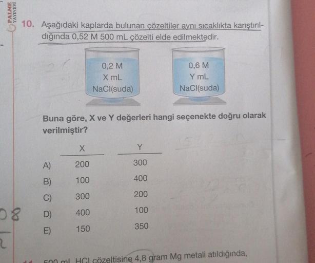 PALME
YAYINEVİ
2
10. Aşağıdaki kaplarda bulunan çözeltiler aynı sıcaklıkta karıştırıl-
dığında 0,52 M 500 mL çözelti elde edilmektedir.
A)
B)
C)
D)
E)
0,2 M
X mL
NaCl(suda)
Buna göre, X ve Y değerleri hangi seçenekte doğru olarak
verilmiştir?
X
200
100
300