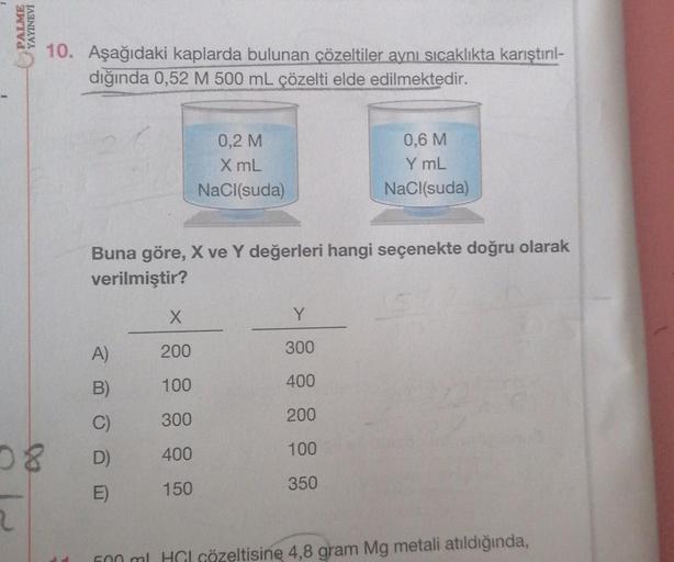 PALME
YAYINEVİ
2
10. Aşağıdaki kaplarda bulunan çözeltiler aynı sıcaklıkta karıştırıl-
dığında 0,52 M 500 mL çözelti elde edilmektedir.
A)
B)
C)
D)
E)
0,2 M
X mL
NaCl(suda)
Buna göre, X ve Y değerleri hangi seçenekte doğru olarak
verilmiştir?
X
200
100
300