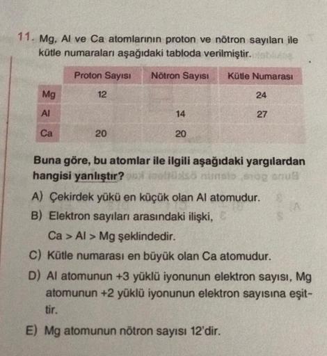 11. Mg, Al ve Ca atomlarının proton ve nötron sayıları ile
kütle numaraları aşağıdaki tabloda verilmiştir.
Proton Sayısı Nötron Sayısı Kütle Numarası
Mg
Al
Ca
12
20
14
20
24
27
Buna göre, bu atomlar ile ilgili aşağıdaki yargılardan
hangisi yanlıştır?lüsö n