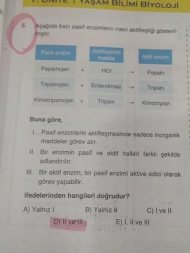 5.
Aşağıda bazı pasif enzimlerin nasıl aktifleştiği gösteril-
miştir.
Pasif enzim
Pepsinojen
Tripsinojen
Kimotripsinojen +
AŞAM BİLİMİ BİYOLOJİ
Aktifleştirici
madde
A) Yalnız I
HCI
D) Il verill
Enterokinaz
Tripsin
Aktif enzim
Pepsin
Tripsin
Buna göre,
I. P