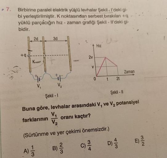 > 7. Birbirine paralel elektrik yüklü levhalar Şekill'deki gi-
bi yerleştirilmiştir. K noktasından serbest bırakılan+q
yüklü parçacığın hız - zaman grafiği Şekil - Il'deki gi-
bidir.
+90
2d
K
V₁
3d
V₂
Şekil - I
2v
B)
C)
V
Hız
V₂
(Sürtünme ve yer çekimi öne