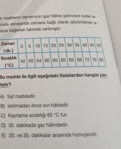 ir maddenin tamamının gaz hâline gelinceye kadar Ist-
ması esnasında zamana bağlı olarak gözlemlenen si-
aklık değerleri tabloda verilmiştir.
Zaman
(dk.)
Sıcaklık
(°C)
0 5 10 15 20 25 30 35 40 45 50
42 50 54 60 65 65 65 68 72 76 82
Bu madde ile ilgili aşağ