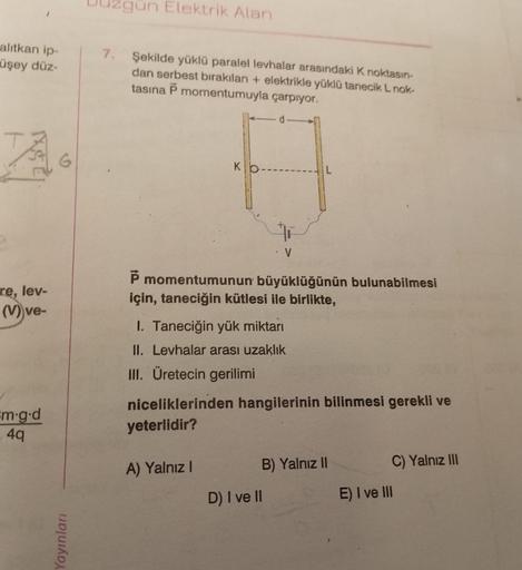 alıtkan ip-
üşey düz-
A
re, lev-
(V))ve-
m.g.d
4q
G
Yayınları
Un Elektrik Alan
7. Şekilde yüklü paralel levhalar arasındaki K noktasın-
dan serbest bırakılan + elektrikle yüklü tanecik L nok-
tasına P momentumuyla çarpıyor.
Kib
A) Yalnız I
d
P momentumunun