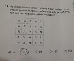 14. Aşağıdaki tabloda verilen harflerle K dan başlayıp K da
bitecek şekilde ve komşu harfieri takip ederek KARAYA-
NIK kelimesi kaç farklı şekilde okunabilir?
A) 35
K A RAY
A
R A
A
Y
Y
A
A N 1 K
R
A
Y
B) 70
YA
AN
NI
C) 96
D) 120
E) 252
li Sorularla H