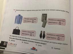 10. Aşağıdaki görselde bir mağazada indirime giren bazı ürünler ve bu ürünlerin indirimli fiyatları verilmiş
tir.
0
GGUNAY
YAYINLARI
Gömleğin indirimli fiyatı
23
etiket fiyatının
'Ü
100
Çantanın indirimli fiyatı
52
etiket fiyatının
'si
100
Pantolonun indirimli fiyatı
85
etiket fiyatının
'i
100
Bu mağazadan bir ürün alan Selçuk Bey, iş arkadaşlarına ürünü yaklaşık yarı fiyatına aldığını söylüyor.
Buna göre Selçuk Bey aşağıdaki ürünlerden hangisini almıştır?
A) Gömlek
B) Pantolon
C) Çanta
6
Ayakkabının indirimli fiyatı
75
etiket fiyatının
100
D) Ayakkabı
'i