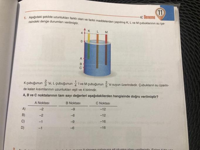 11
1. Aşağıdaki şekilde uzunlukları farklı olan ve farklı maddelerden yapılmış K, L ve M çubuklarının su içe-
<< Deneme
risindeki denge durumları verilmiştir.
A)
B)
C)
D)
A Noktası
-2
-2
-1
-1
4
0
A
B
3
5
K çubuğunun 'si, L çubuğununi ve M çubuğunun 'si su