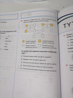 n, vücutları;
10
er örneği aşağıdakilerin han-
erilmiştir?
11
a
III
Balık
Kertenkele
Yılan
Balık
Timsah
He
20. Aşağıdaki soyağacında koyu renkle gösterilen bireyler
belirli bir özelliği fenotipinde göstermektedir.
): Özelliği fenotipinde
gösteren dişi birey
O: Özelliği fenotipinde
göstermeyen dişi birey
: Özelliği fenotipinde
gösteren erkek birey
: Özelliği fenotipinde
göstermeyen erkek birey
Bu özellikle ilgili aşağıdaki yargılardan hangisi doğ-
rudur?
A) Anneden sadece erkek çocuğuna geçebilir.
B) Babadan erkek çocuğuna geçemez.
C) X kromozomunda taşınan çekinik bir alel ile kalıtılır.
D) Otozomlarda taşınan baskın bir alel ile kalıtılır.
E) X kromozomunda taşınan baskın bir alel ile kalıtılır.
TY-
15. Karbon a
sanda, is
1. gliko
II. yağ
III. pro
molekü
A) Yaln
16. Aşağ
bakt
rele