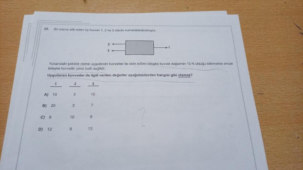 25.
Bir cisme etki eden üç kuvvet 1, 2 ve 3 olarak numaralandırılmıştır.
Yukarıdaki şekilde cisme uygulanan kuvvetler ile elde edilen bileşke kuvvet değerinin 10 N olduğu bilinmekte ancak
bileşke kuvvetin yönü belli değildir.
Uygulanan kuvvetler ile ilgili