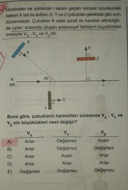 Üzerinden ok yönünde i akımı geçen sonsuz uzunluktaki
iletken K teli ile iletken X, Y ve Z çubukları şekildeki gibi aynı
düzlemdedir. Çubuklar sabit sürati ile hareket ettirildiğin-
de uçları arasında oluşan potansiyel farkların
sırasıyla Vx, Vy ve V₂'dir.
büyüklükleri
X
K
teli
45°
A)
B)
C)
D)
E)
v
Y
Buna göre, çubukların hareketleri süresince Vx, Vy ve
V, nin büyüklükleri nasıl değişir?
Y
N
Vx
Vy
Artar
Değişmez
Artar
Değişmez
Artar
Azalır
Artar
Artar
Değişmez bler Değişmez
V₂
Azalır
Değişmez
Artar
Artar
Değişmez