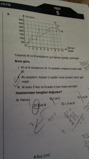 TİSTİK
3.
350
300
250
200
150
Yol (km)
100---
50
1
-1
1
TEST
5
1 2 3 4 5 6 7 8 9 10
n
N
D) ve III
z
1
Yukarıda M ve N araçlarının yol-zaman grafiği verilmiştir.
Buna göre,
861
1. M ve N araçlarının ilk 10 saatteki ortalama hızları eşit-
tir.
V
M. Bu araçla