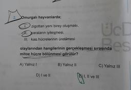 2. Omurgalı hayvanlarda;
zigottan yeni birey oluşması,
al yaraların iyileşmesi,
III. kan hücrelerinin üretilmesi
olaylarından hangilerinin gerçekleşmesi sırasında
mitoz hücre bölünmesi görülür?
A) Yalnız I
D) I ve II
B) Yalnız II
UcD
es
C) Yalnız III
E I, II ve III