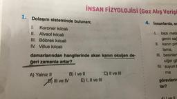 1. Dolaşım sisteminde bulunan;
1. Koroner kılcalı
II. Alveol kılcalı
III.
Böbrek kılcalı
IV. Villus kılcalı
damarlarından hangilerinde akan kanın oksijen de-
ğeri zamanla artar?
A) Yalnız II
İNSAN FİZYOLOJİSİ (Gaz Alış Verişi
III ve IV
B) I ve Il
II
E) I, II ve III
C) II ve III
4. Insanlarda, sc
1.
bazı meta
genin sağ
II. kanin pH
lama,
III. besinler
ciğer gil
IV. suyun b
ma
görevlerin
lar?