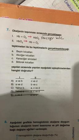 7. Oksijenin taşınması sırasında gerçeklesen;
Hb + 0₂
HbO₂ Akciğer kil
HbO₂
Hb + 0₂
tepkimeleri ile bu tepkimelerin gerçekleşebileceği;
a. Beyin kılcalları
b. Akciğer kılcalları
8.
1.
II.
c. Karaciğer sinüsleri
d. Böbrek kılcalları
A) a ve b
B) a ve d
C) Yalnız b
D) Yalnız a
E) cve d
yapıları arasında yapılan aşağıdaki eşleştirmelerden
hangisi doğrudur?
11
c ve d
b ve c
a, c ve d
b, c ve d
aveb
(sindirim
Aşağıdaki grafikte hemoglobinin oksijene doygun-
luğunun oksijenin kısmi basıncına ve pH değerine
bağlı değişim eğrileri verilmiştir.
Hemoglobinin oksijene doygunluğu (%)
d
KIĆ ILOJD
71
amal
$SUPARA
1