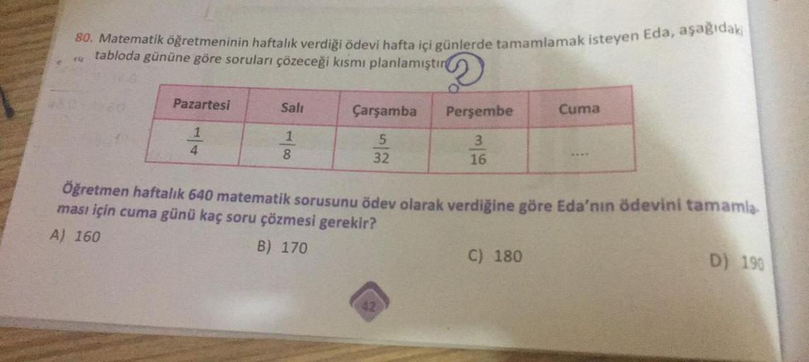 80. Matematik öğretmeninin haftalık verdiği ödevi hafta içi günlerde tamamlamak isteyen Eda, aşağıdakı
tabloda gününe göre soruları çözeceği kısmı planlamıştır
140
Pazartesi
1
4
Sali
1
8
Çarşamba
5
32
Perşembe
3
16
42
Cuma
Öğretmen haftalık 640 matematik s