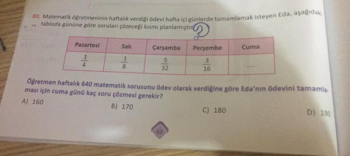 80. Matematik öğretmeninin haftalık verdiği ödevi hafta içi günlerde tamamlamak isteyen Eda, aşağıdakı
tabloda gününe göre soruları çözeceği kısmı planlamıştır
140
Pazartesi
1
4
Sali
1
8
Çarşamba
5
32
Perşembe
3
16
42
Cuma
Öğretmen haftalık 640 matematik s