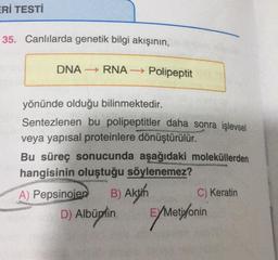 ERİ TESTİ
35. Canlılarda genetik bilgi akışının,
DNA — RNA − Polipeptit
—
yönünde olduğu bilinmektedir.
Sentezlenen bu polipeptitler daha sonra işlevsel
veya yapısal proteinlere dönüştürülür.
Bu süreç sonucunda aşağıdaki moleküllerden
hangisinin oluştuğu söylenemez?
B) Aktin
D) Albuplinelifonin
A) Pepsinoien
C) Keratin