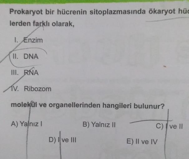 Prokaryot bir hücrenin sitoplazmasında ökaryot hüc
lerden farklı olarak,
1. Enzim
II. DNA
III. RNA
AV. Ribozom
molekul ve organellerinden hangileri bulunur?
B) Yalnız II
A) Yalnız I
D) I ve III
C) ve II
E) II ve IV