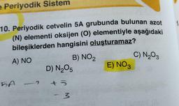 e Periyodik Sistem
10. Periyodik cetvelin 5A grubunda bulunan azot
(N) elementi oksijen (O) elementiyle aşağıdaki
bileşiklerden hangisini oluşturamaz?
A) NO
B) NO2
-7
5A -
D) N₂O5
+3
- 3
E) NO 3
C) N₂O3