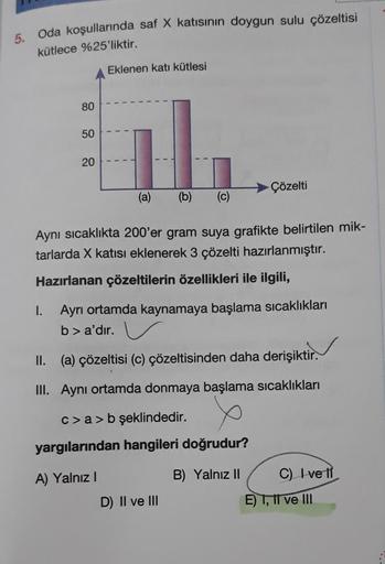 5. Oda koşullarında saf X katısının doygun sulu çözeltisi
kütlece %25'liktir.
80
I.
50
20
Eklenen katı kütlesi
(a) (b) (c)
Aynı sıcaklıkta 200'er gram suya grafikte belirtilen mik-
tarlarda X katısı eklenerek 3 çözelti hazırlanmıştır.
Hazırlanan çözeltiler