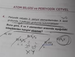 4.
ATOM BİLGİSİ ve PERİYODİK CETVEL
77
Periyodik cetvelin 2. periyot elementlerinden X azot
grubunda, Y kalkojen grubunda bulunmaktadır.
Buna göre, X ve Y elementleri arasında aşağıdaki
bileşiklerden hangisi oluşmaz?
A) XY
BYX₂Y5
D) X₂ X3 3
66 77 6A
2
T
XY
E) XY
xxx₂Y