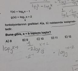 Top ²2 - 10/2²
f(x) = log3x - 1
g(x) = log₁ x+2
120% top
Topic
fonksiyonlarının grafikleri A(a, b) noktasında kesişmek-
tedir.
Buna göre, a + b toplamı kaçtır?
A) 8
B) 9
C) 10
X+2
lop-x+ -2108 3
-24
-Top
1
D) 11 E) 12
Kand 2
logg
MORGO