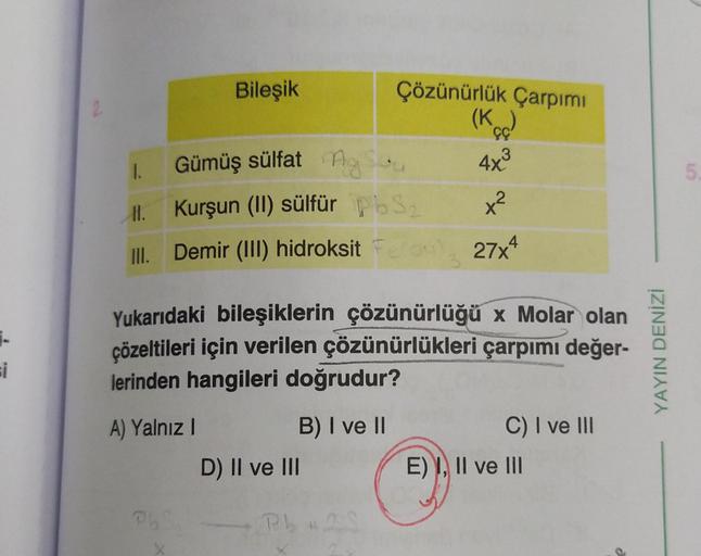 1.
si
Bileşik
1.
Gümüş sülfat ng Sou
II. Kurşun (II) sülfür PS₂
III. Demir (III) hidroksit Fero), 27x4
4
Yukarıdaki bileşiklerin çözünürlüğü x Molar olan
çözeltileri için verilen çözünürlükleri çarpımı değer-
lerinden hangileri doğrudur?
A) Yalnız I
B) I v