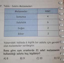 7. Tablo: Salata Malzemeleri
Malzemeler
Domates
Salatalık
Soğan
Biber
Adet
4
6
22
Yukarıdaki tabloda 6 kişilik bir salata için gerekli
olan malzemeler verilmiştir.
Buna göre aynı oranlarda 21 adet malzemenin
kullanıldığı salata kaç kişiliktir?
A) 8
B) 9
C) 10
D) 12