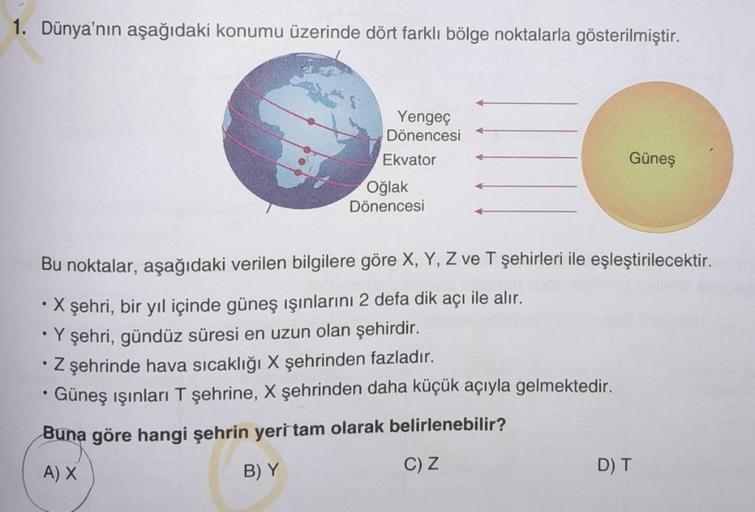 1. Dünya'nın aşağıdaki konumu üzerinde dört farklı bölge noktalarla gösterilmiştir.
Yengeç
Dönencesi
Ekvator
Oğlak
Dönencesi
Güneş
Bu noktalar, aşağıdaki verilen bilgilere göre X, Y, Z ve T şehirleri ile eşleştirilecektir.
.
X şehri, bir yıl içinde güneş ı