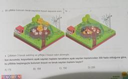 6. Bir çiftlikte bulunan tavuk sayısının koyun sayısına oranı'tir.
◆ Çiftlikten 3 tavuk satılmış ve çiftliğe 2 koyun satın alınmıştır.
Son durumda; koyunların ayak sayıları toplamı tavukların ayak sayıları toplamından 350 fazla olduğuna göre,
bu çiftlikte başlangıçta bulunan koyun ve tavuk sayıları toplamı kaçtır?
A) 176
B) 184
C) 192
FENOMEN
D) 200
153