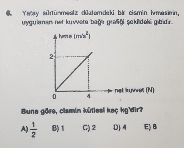 6.
Yatay sürtünmesiz düzlemdeki bir cismin ivmesinin,
uygulanan net kuvvete bağlı grafiği şekildeki gibidir.
4 ivme (m/s²)
2
0
4
net kuvvet (N)
Buna göre, cismin kütlesi kaç kg'dir?
A) = 1/2
B) 1
C) 2
D) 4
E) 8