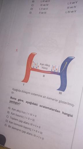 7.
I
B)
C)
D)
E)
I, III ve V
III ve IV
I, II ve V
II ve III
I, II ve V
III ve IV
I, IV ve V
Kan Akış
Yönü
It!!
H
Aşağıda dolaşım sistemine ait damarlar gösterilmiş-
tir.
A) Kan akış hızı; | > ||| > ||
B) Kan basıncı; | > | > |||
C) Toplam çap alanı; III > 